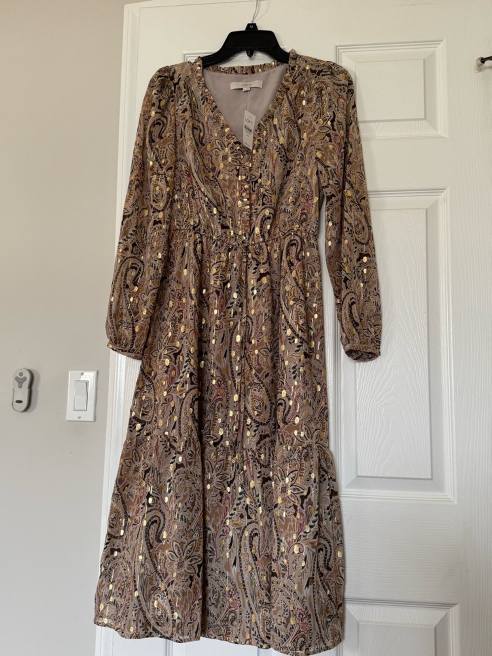 LOFT Brown Paisley Metallic-Accent Long Sleeve Midi Dress